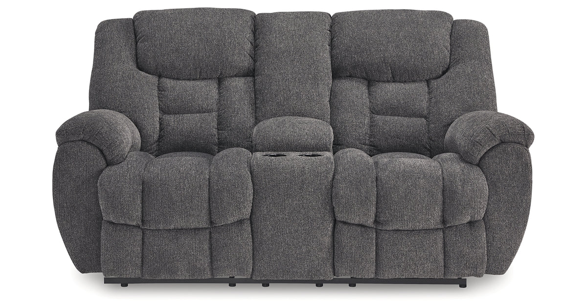 Foreside Charcoal Double Reclining Loveseat with Console