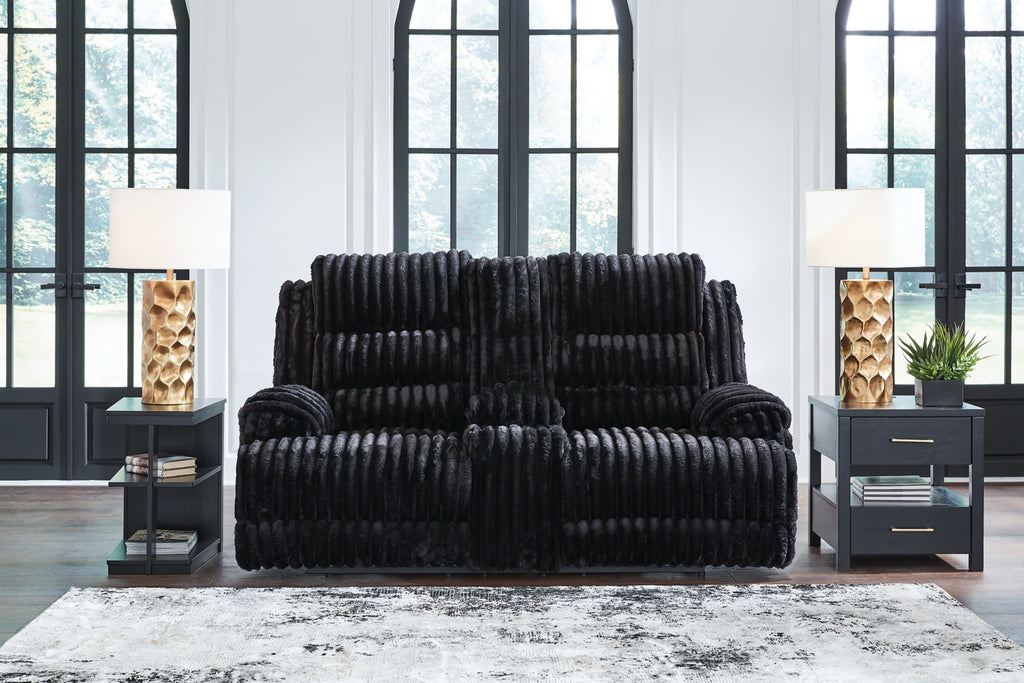 Rhines Falls Onyx Double Power Reclining Loveseat with Console