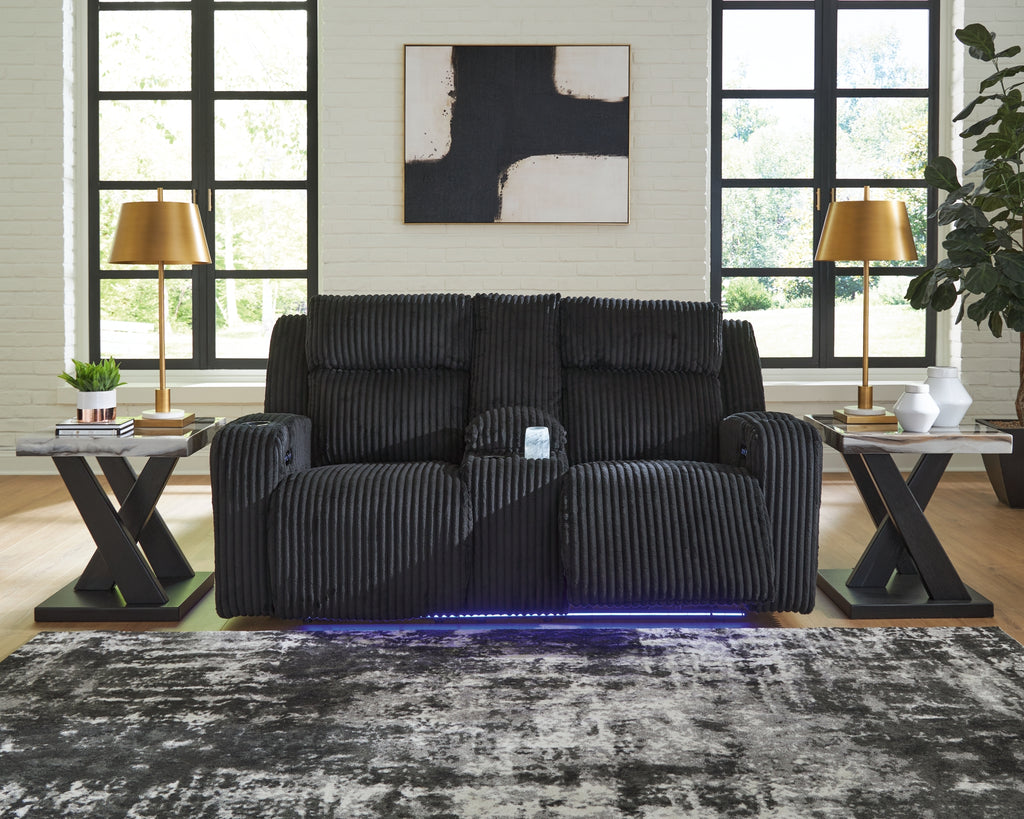 Forest Lake Black Power Reclining Loveseat with Console and Adjustable Headrest