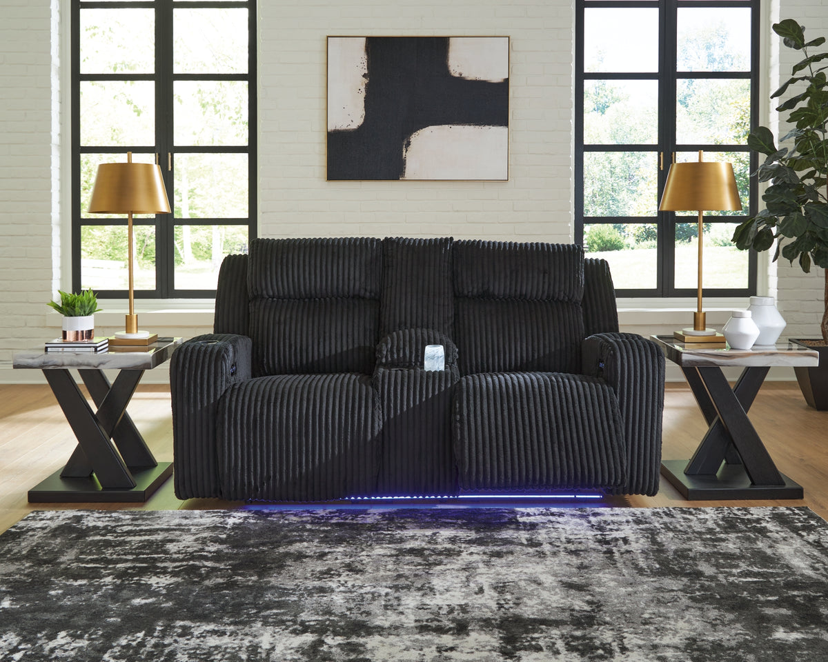 Forest Lake Black Power Reclining Loveseat with Console and Adjustable Headrest