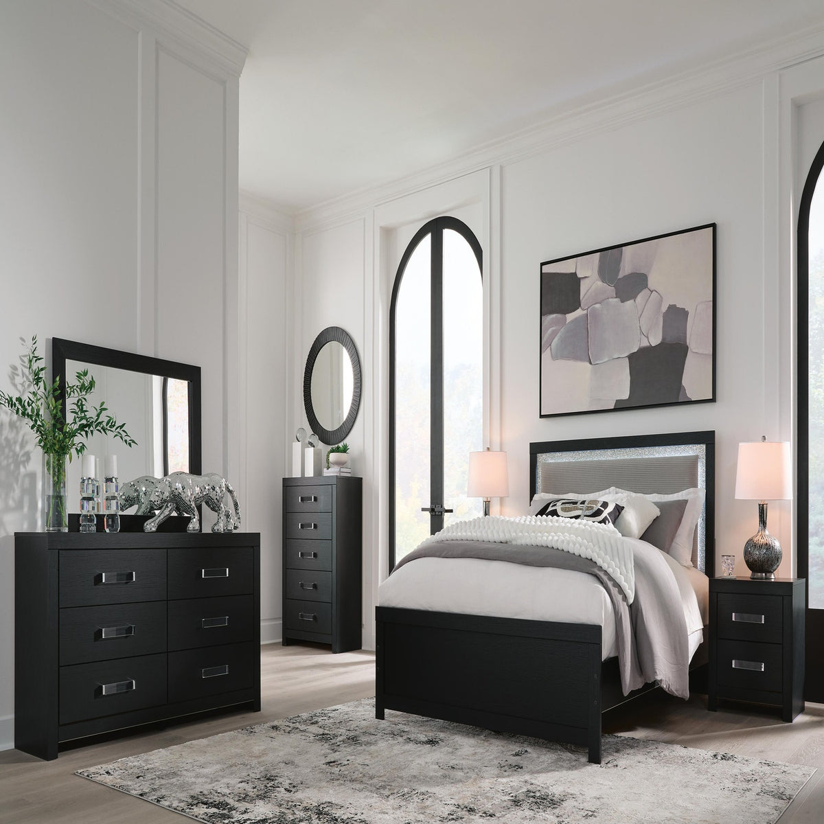 Maeling Black Queen Upholstered Panel Bed