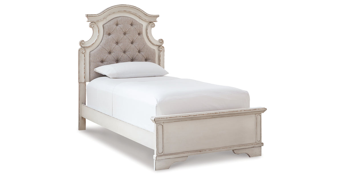 Realyn Chipped White Upholstered Panel Bed - Twin