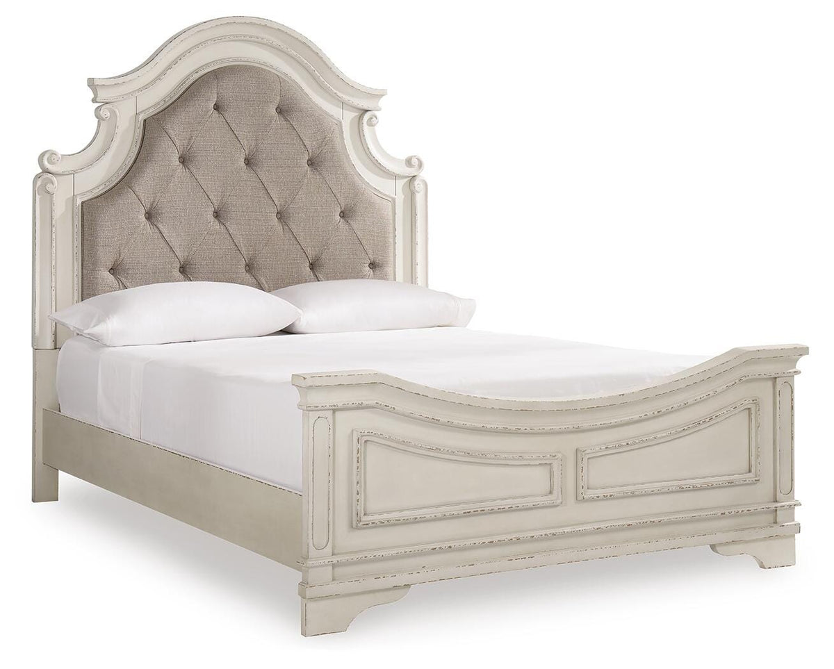 Realyn Chipped White Upholstered Panel Upholstered Panel Bed - Queen