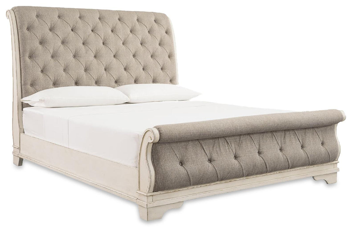 Realyn Chipped White Upholstered Sleigh Bed - Queen