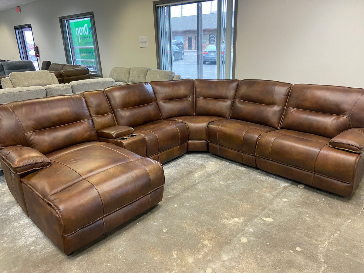 6 Piece Leather Power Reclining Sectional with Power Headrests and Chaise (Brown)